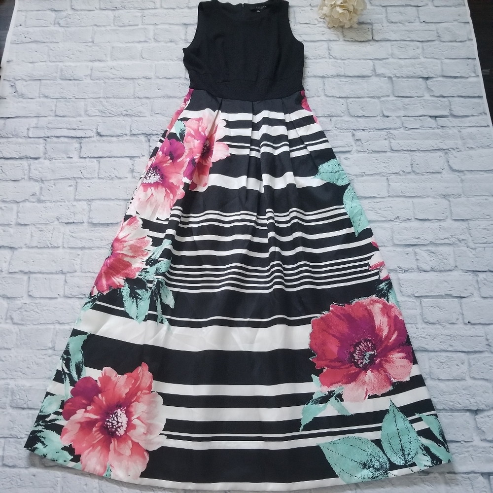 Black&White Striped Sleeveless Floral Maxi Print Dress